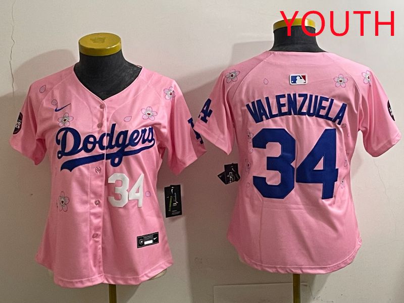 Youth Los Angeles Dodgers #34 Valenzuela Pink Sakura Edition 2025 Nike MLB Jersey style 32